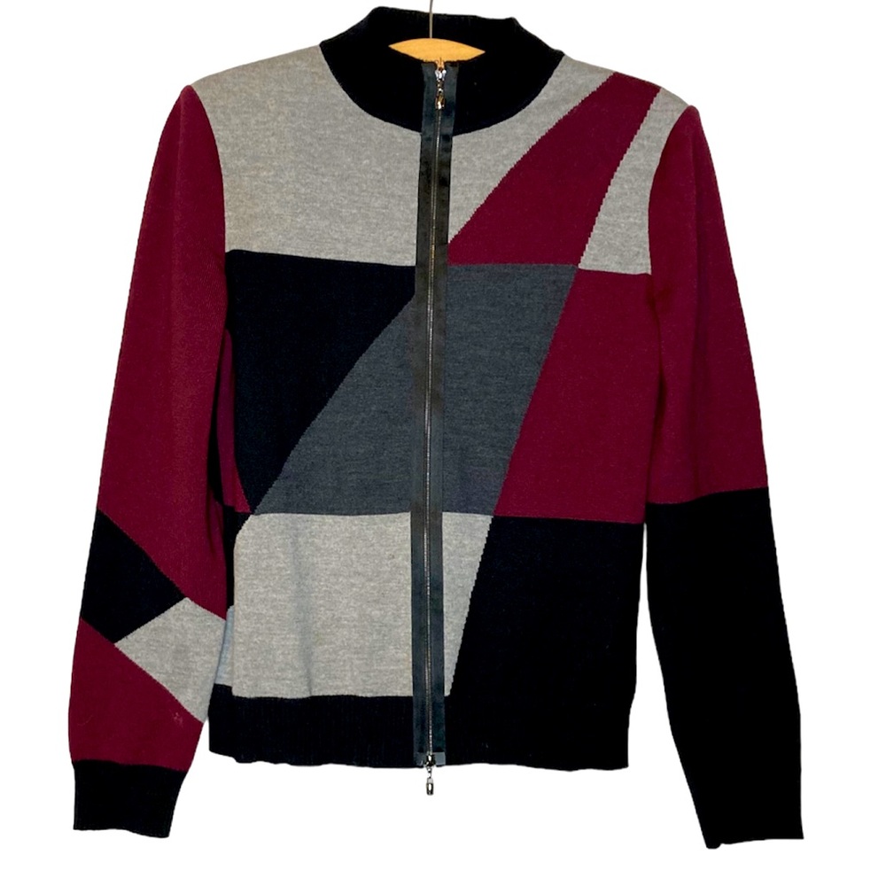 St. John Full Zip Mock Neck Multicolor Geometric Knit Long Sleeve